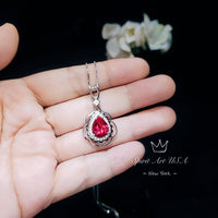 Large Ruby Necklace - Sterling Silver Teardrop Solitaire Gemstone Flower Petal Pear Ruby Pendant - Flower Feather Style #715