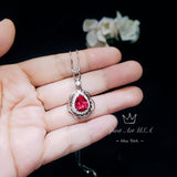 Large Ruby Necklace - Sterling Silver Teardrop Solitaire Gemstone Flower Petal Pear Ruby Pendant - Flower Feather Style #715