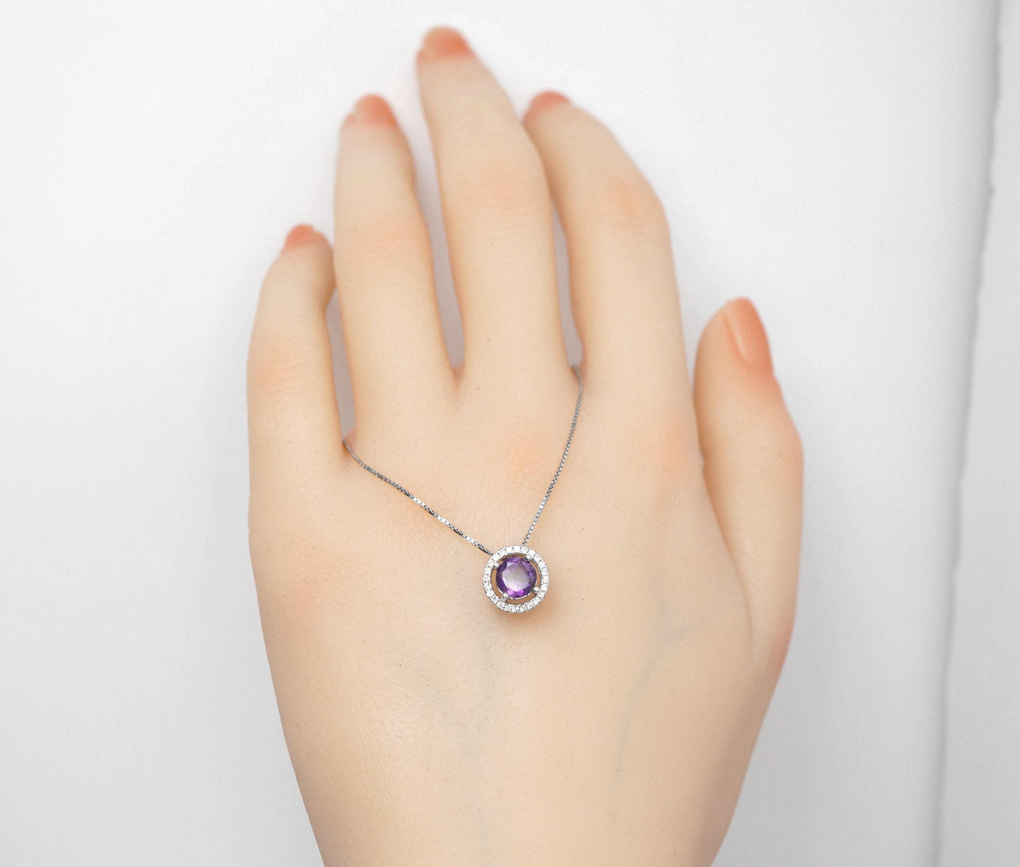 Tiny natural Amethyst Choker Sterling Silver Round Circle Natural Genuine Amethyst Necklace