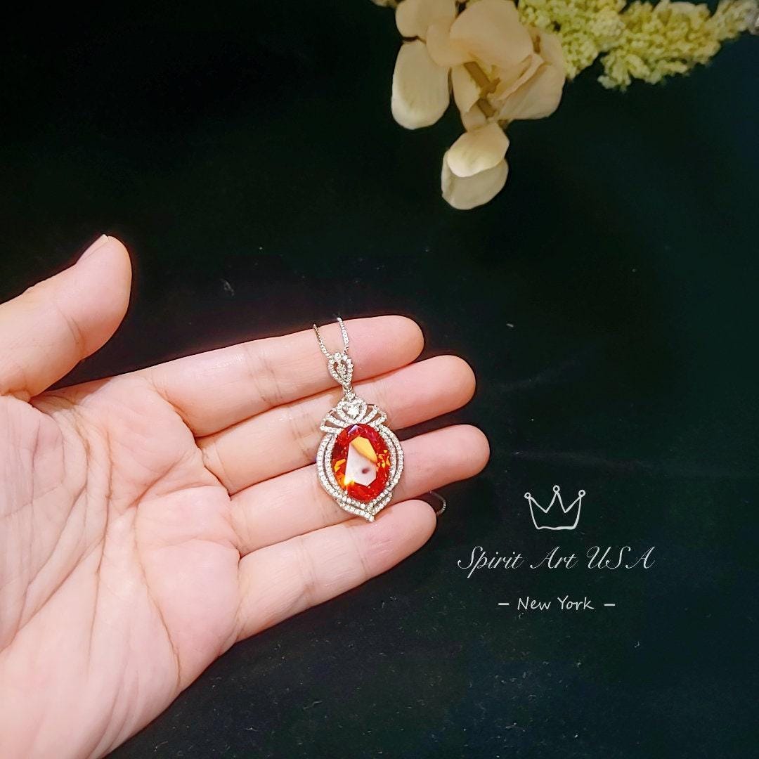 Large Sunstone Necklace, Full Sterling Silver Royal Gemstone Crown Created Orange Gemstone 13CT Sun Stone Pendant Jewelry #912