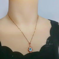 Sky Blue Aquamarine Necklace - Rose Gold Coated sterling Silver Flower Teardrop Large Aquamarine Pendant #639