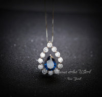 Blue Sapphire Necklace 18kgp Sterling Silver - Gemstone Halo - Teardrop Blue Sapphire Pendant - September Birthstone - Pear Cut 2.6 CT #954