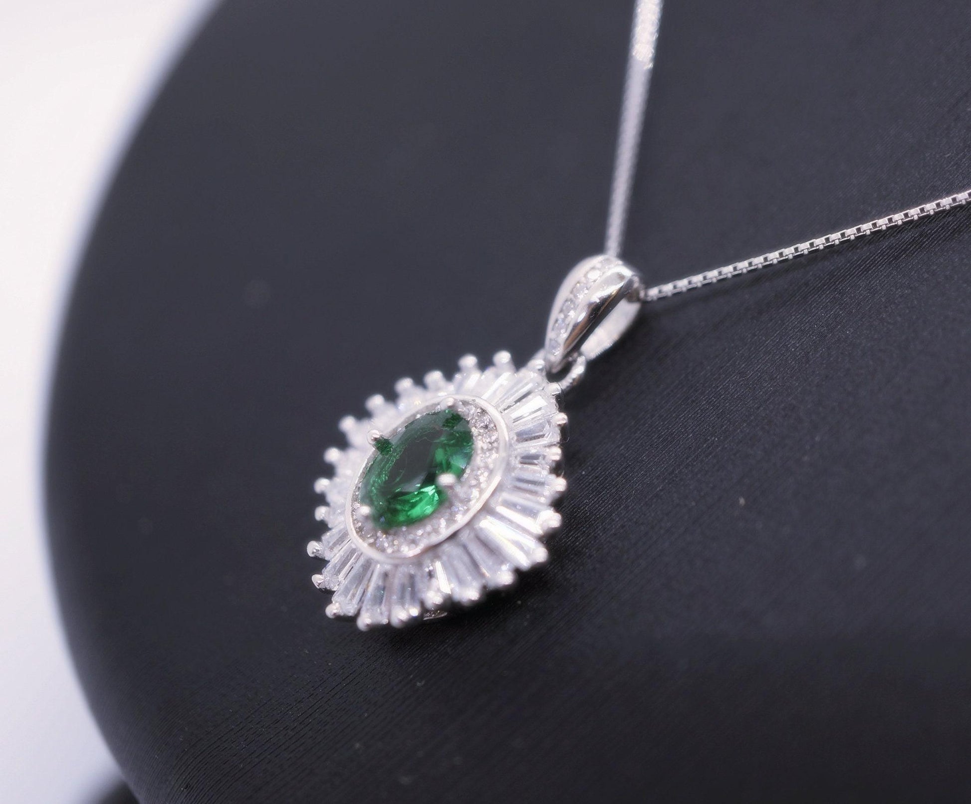 Gemstone Emerald Necklace White Gold plated Sterling Silver Green Gemstone Pendant Double Surround Star Dainty May Birthstone #960