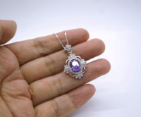 Natural Amethyst Necklace Sterling Silver - Gemstone Flower Of Life , Genuine Purple Gemstone 18KGP February Birthstone #540