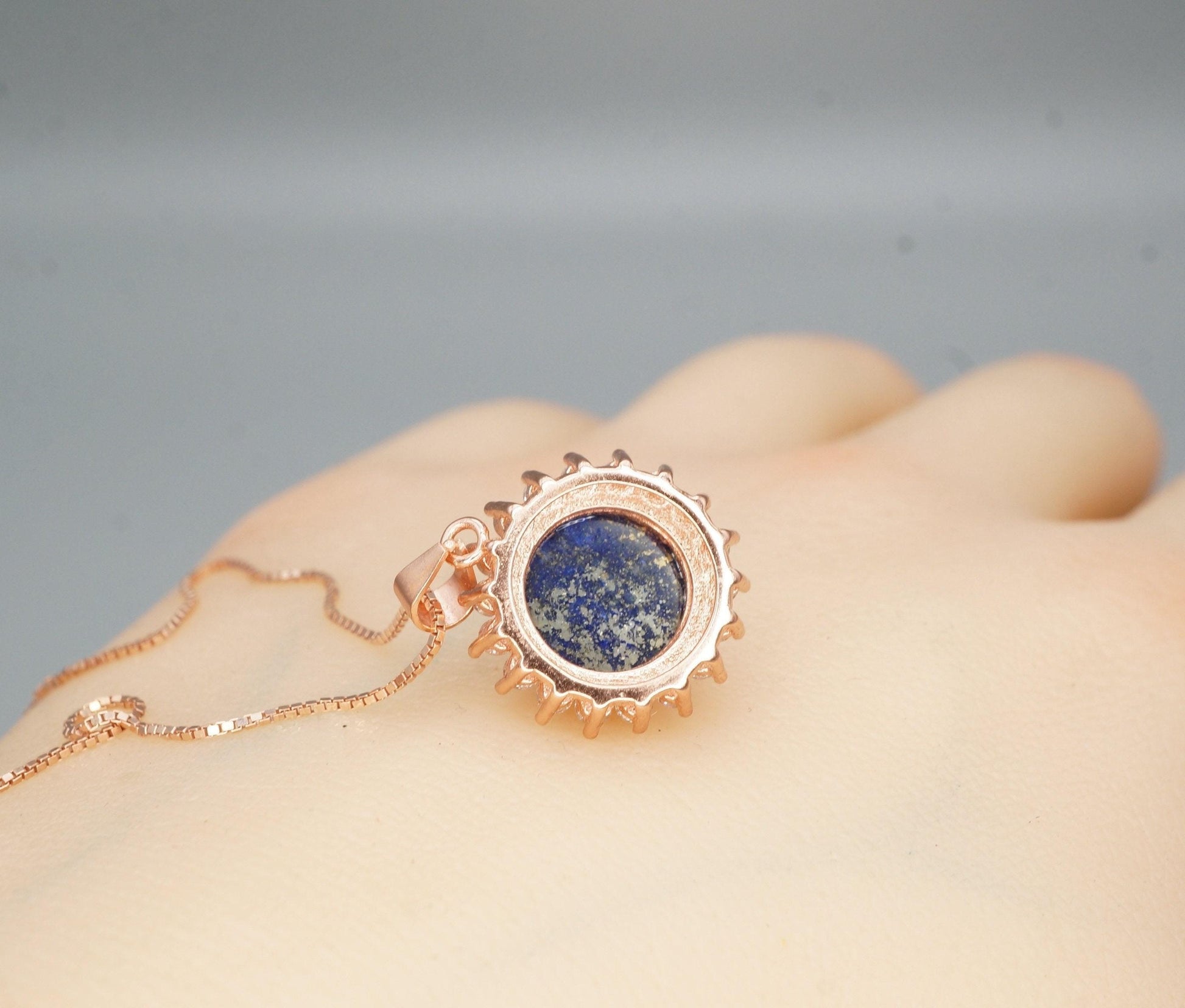 Genuine Lapis Lazuli Necklace Rose Gold Coated Sterling Silver Round Halo Solitaire Princess Diana Style Third Eye Healing Lapis Pendant 373