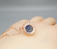 Genuine Lapis Lazuli Necklace Rose Gold Coated Sterling Silver Round Halo Solitaire Princess Diana Style Third Eye Healing Lapis Pendant 373