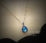 Large Blue Topaz Necklace - Blue Sapphire Halo - Blue Topaz Pendant - Teardrop Blue Topaz Jewelry - 18kgp @ Sterling Silver - 4 CT #598