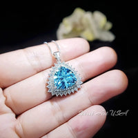 Large Trillion Cut Aquamarine Necklace - Brilliant Double Gemstone Halo 10CT Blue Aquamarine Pendant - 18kgp @ Sterling Silver #754