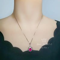 Large Ruby Necklace - Sterling Silver Teardrop Solitaire Gemstone Flower Petal Pear Ruby Pendant - Flower Feather Style #715