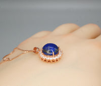Genuine Lapis Lazuli Necklace Rose Gold Coated Sterling Silver Round Halo Solitaire Princess Diana Style Third Eye Healing Lapis Pendant 373