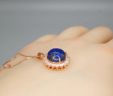 Genuine Lapis Lazuli Necklace Rose Gold Coated Sterling Silver Round Halo Solitaire Princess Diana Style Third Eye Healing Lapis Pendant 373