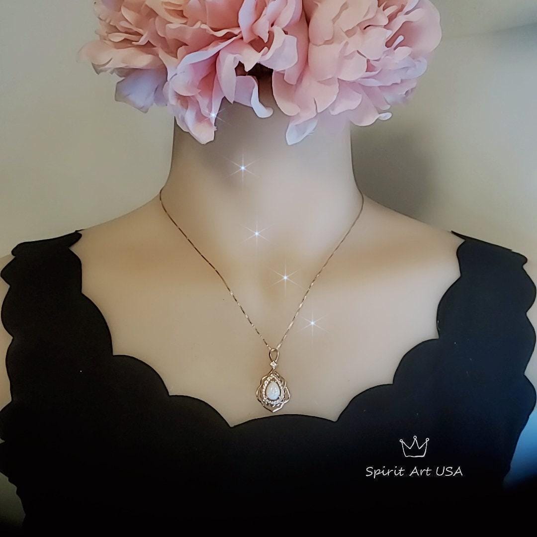 Large Opal Necklace - Rose Gold Coated 925 Sterling Silver Flower Leaf style - Teardrop Opal Pendant #608