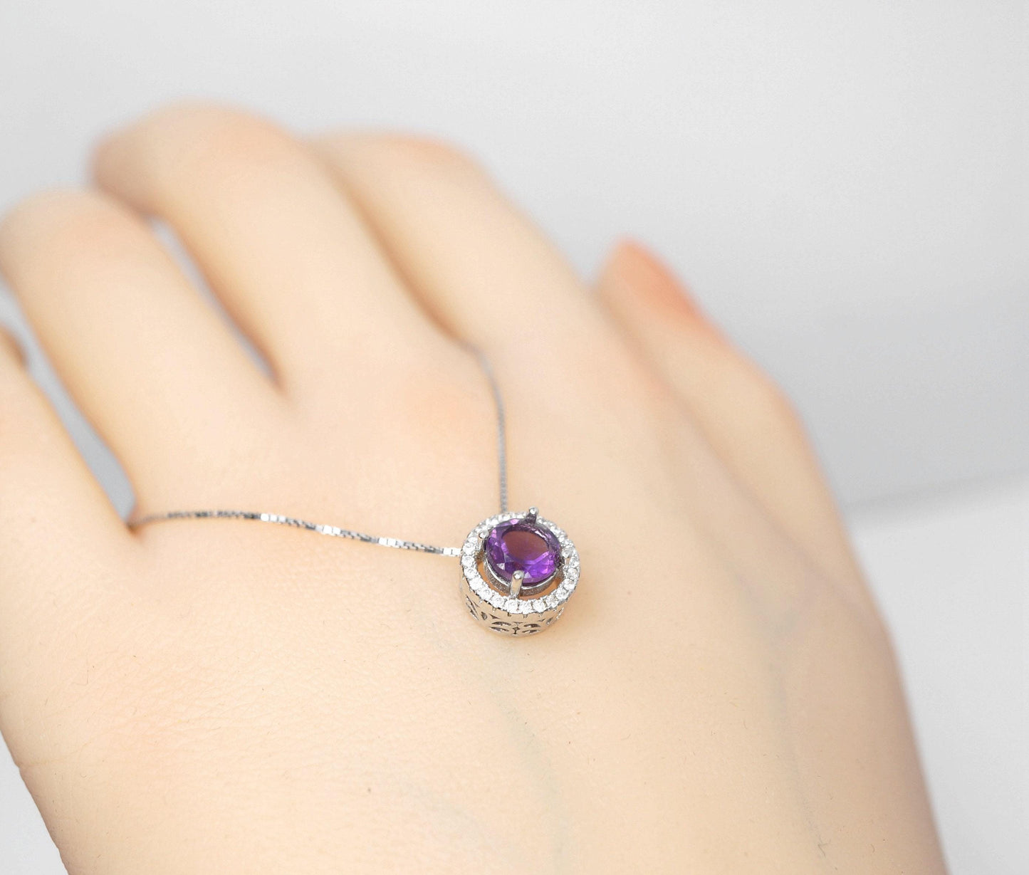 Tiny natural Amethyst Choker Sterling Silver Round Circle Natural Genuine Amethyst Necklace
