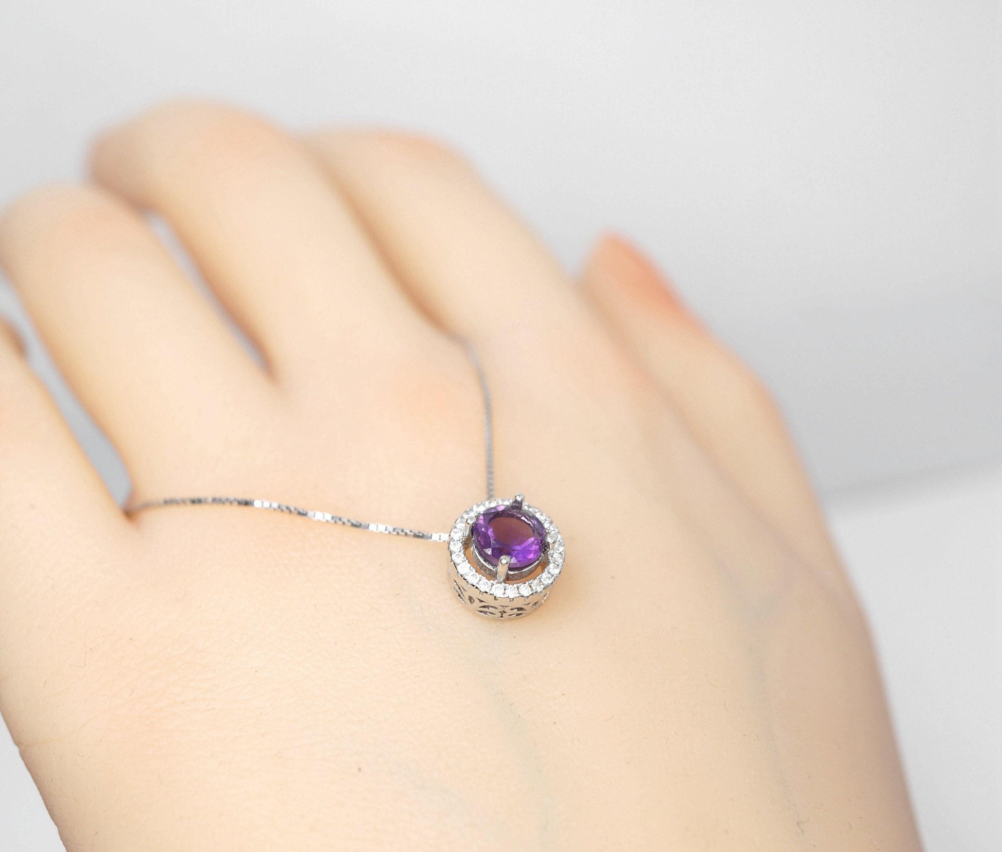 Tiny natural Amethyst Choker Sterling Silver Round Circle Natural Genuine Amethyst Necklace