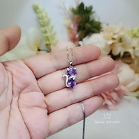 Natural Amethyst Necklace - Sterling Silver Cat Pendant- Purple Stone Gemstone Kitty Kitten Jewelry Crown Chakra Healing #221
