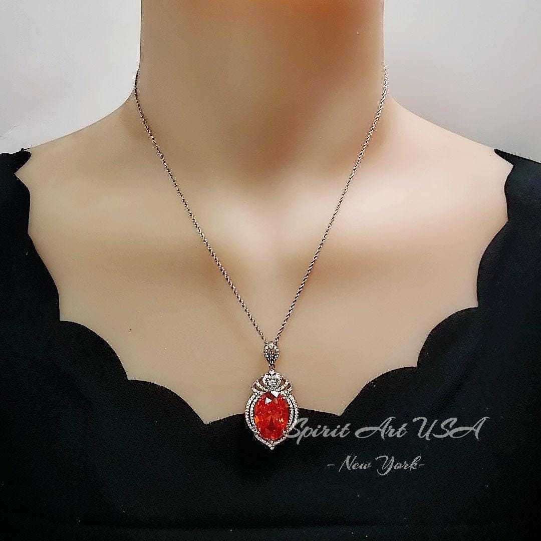 Large Sunstone Necklace, Full Sterling Silver Royal Gemstone Crown Created Orange Gemstone 13CT Sun Stone Pendant Jewelry #912