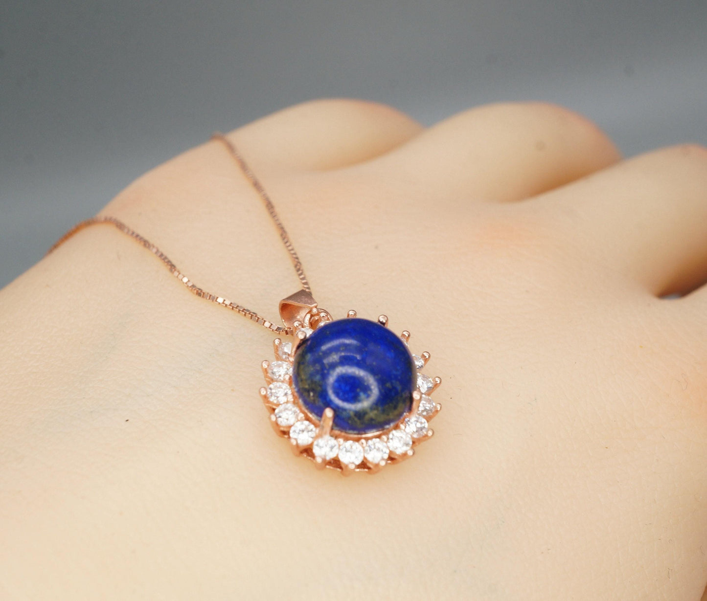 Genuine Lapis Lazuli Necklace Rose Gold Coated Sterling Silver Round Halo Solitaire Princess Diana Style Third Eye Healing Lapis Pendant 373