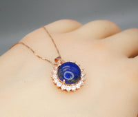 Genuine Lapis Lazuli Necklace Rose Gold Coated Sterling Silver Round Halo Solitaire Princess Diana Style Third Eye Healing Lapis Pendant 373