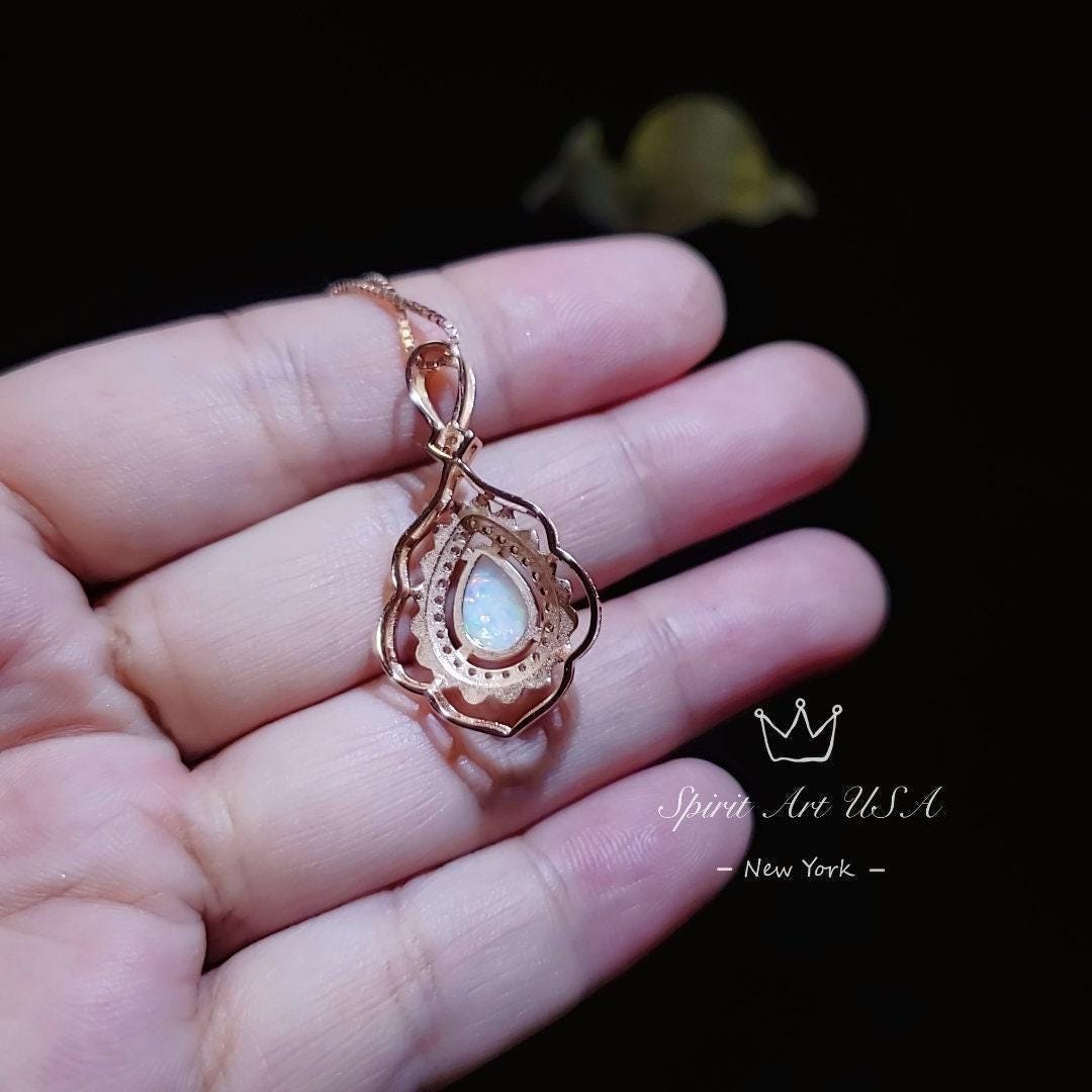 Large Opal Necklace - Rose Gold Coated 925 Sterling Silver Flower Leaf style - Teardrop Opal Pendant #608