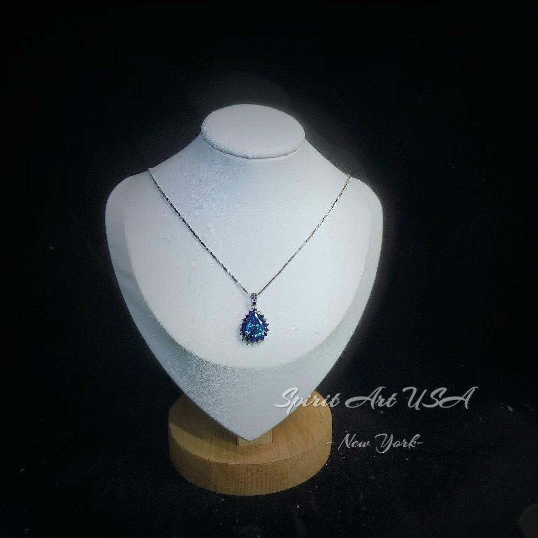 Large Blue Topaz Necklace - Blue Sapphire Halo - Blue Topaz Pendant - Teardrop Blue Topaz Jewelry - 18kgp @ Sterling Silver - 4 CT #598
