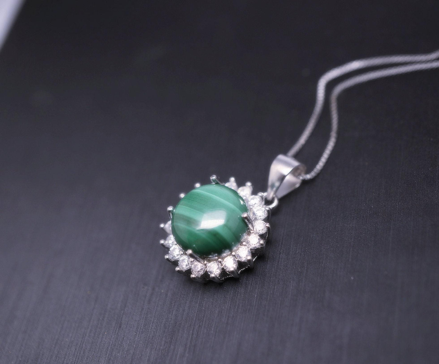 Genuine Malachite Necklace - High Quality Dainty Sterling Silver Princess Diana Style Gemstone Sunflower Style Natural Malachite #359