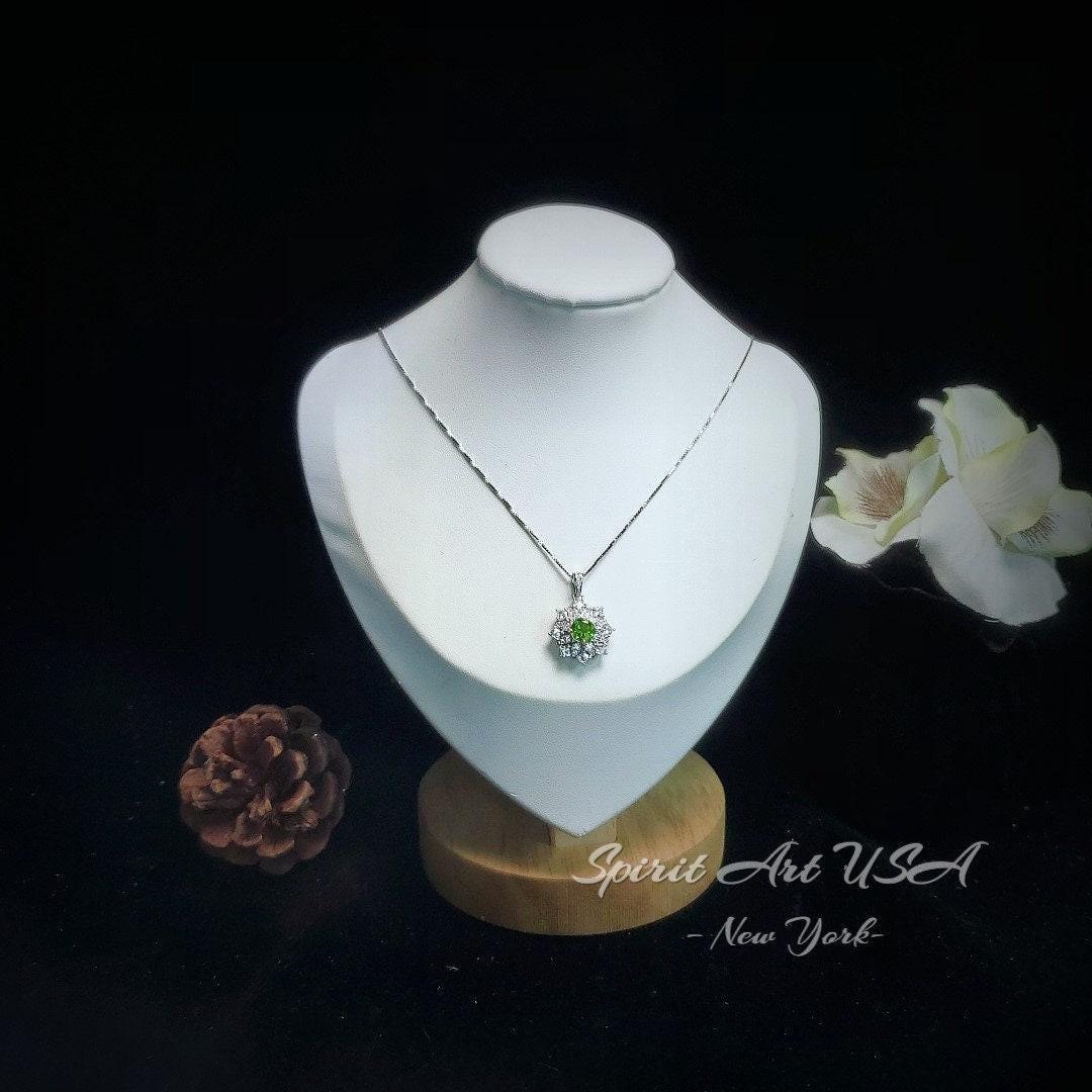 Genuine Green Peridot Necklace, Gemstone Snow Flower Pendant - 18kgp@ Sterling Silver, Natural Peridot Pendant August Birthstone #974