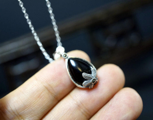 Sterling Silver Black Onyx Necklace - Tiny Teardrop Black Stone Pendant - Black Agate Root Chakra Healing Necklace 1053