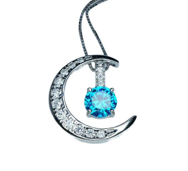 Blue Topaz Necklace Crescent Moon Pendant Sterling Silver Two Separated Pendant #229