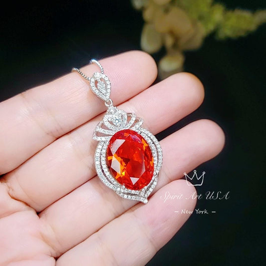 Large Sunstone Necklace, Full Sterling Silver Royal Gemstone Crown Created Orange Gemstone 13CT Sun Stone Pendant Jewelry #912