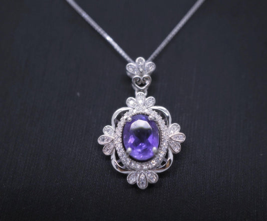 Natural Amethyst Necklace Sterling Silver - Gemstone Flower Of Life , Genuine Purple Gemstone 18KGP February Birthstone #540
