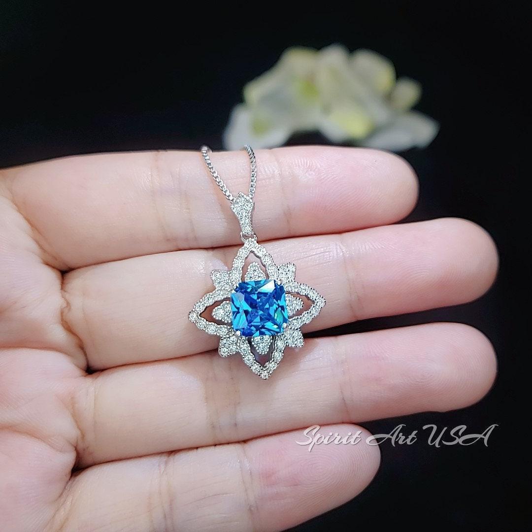 Gemstone Medal Blue Topaz Necklace - Medal of Honor Flower - Sterling Silver Star Celestial Jewelry - Square Blue Topaz Pendant #512
