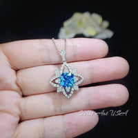 Gemstone Medal Blue Topaz Necklace - Medal of Honor Flower - Sterling Silver Star Celestial Jewelry - Square Blue Topaz Pendant #512