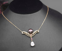 Genuine Black Pearl Necklace, Gold coated sterling Silver Teardrop Cubic Zirconia Black Pearl Jewelry #735