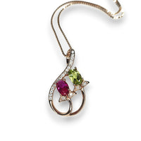 Dainty Ruby Peridot Necklace, Rose gold coated Sterling Silver Green Peridot Pendant, Flower Red Ruby Peridot birthstone #1000