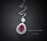 Large Teardrop Ruby Necklace - 3 CT Red Ruby Pendant - Gemstone Petal Flower - Wheat Style Necklace - 18KGP @ Sterling Silver #895