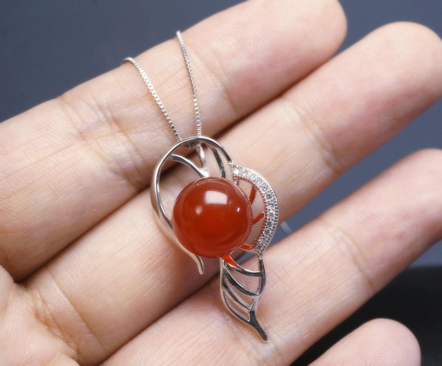 Sterling Silver Red Carnelian Necklace 925 Silver Flower Leaf Red Stone Energy Red Carnelian Jewelry #352