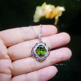 Sterling Silver Large Peridot Necklace , Green Flower of Life Necklace - Oval Cut 4.1 Ct Lab Green Peridot Flower Pendant #545