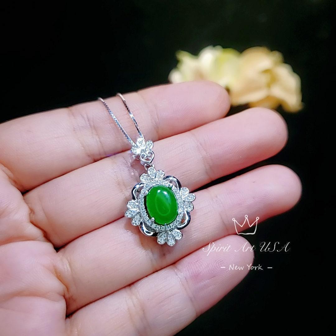 Gemstone Flower Green Jade Necklace - White Gold Coated Sterling Silver Oval Jade Jewelry #672