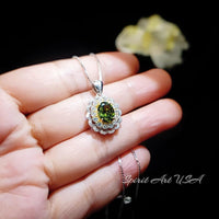 Double Gemstone Halo Peridot Necklace - White Gold coated Sterling Silver Created Green Gemstone Jewelry #677