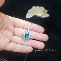 Gemstone Medal Blue Topaz Necklace - Medal of Honor Flower - Sterling Silver Star Celestial Jewelry - Square Blue Topaz Pendant #512