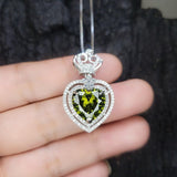 Large Green Peridot Heart Necklace - Full Sterling Silver Made Double Halo Green Heart Peridot Pendant #840