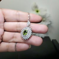 Natural Peridot Necklace - 18KGP Sterling Silver - 1.5 Ct Triple Gemstone Halo - Genuine Green Peridot Pendant #842