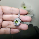 Natural Peridot Necklace - 18KGP Sterling Silver - 1.5 Ct Triple Gemstone Halo - Genuine Green Peridot Pendant #842