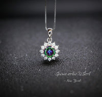 Tiny Sunflower Mystic Topaz Necklace - Gemstone Surround Princess Diana Style Minimalist Rainbow Mystic Topaz Pendant 035