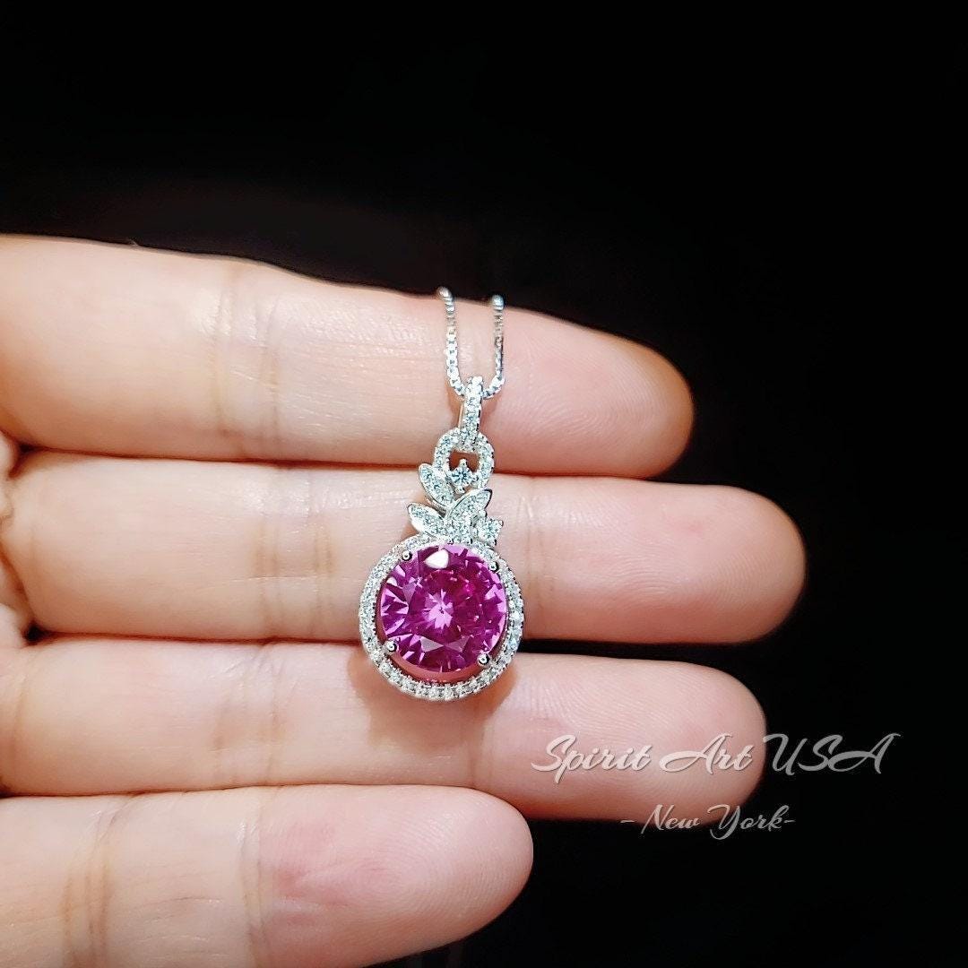 Pink tourmaline Round Cut Dimond Circle White gold Sterling silver 10mm Pink Tourmaline Jewelry #951