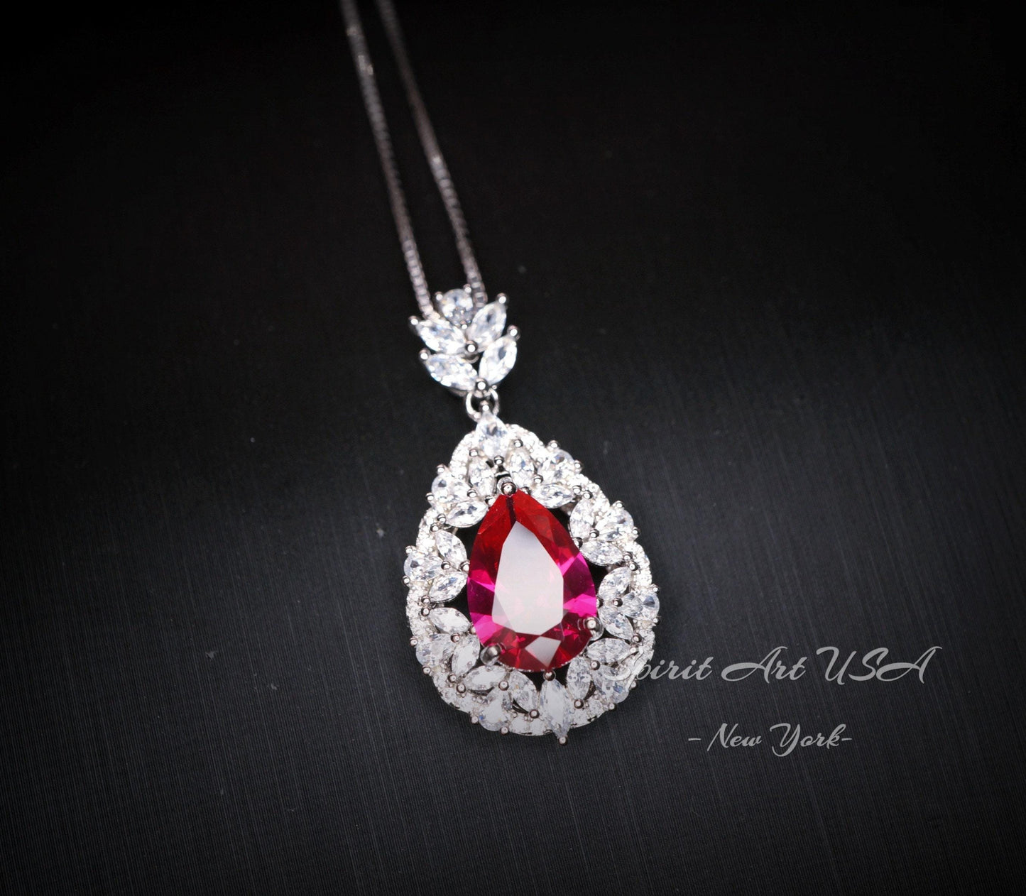 Large Teardrop Ruby Necklace - 3 CT Red Ruby Pendant - Gemstone Petal Flower - Wheat Style Necklace - 18KGP @ Sterling Silver #895