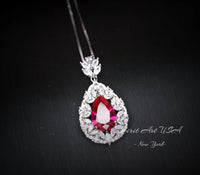 Large Teardrop Ruby Necklace - 3 CT Red Ruby Pendant - Gemstone Petal Flower - Wheat Style Necklace - 18KGP @ Sterling Silver #895