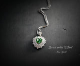 Double Halo Emerald Heart Necklace - Full Sterling Silver - May Birthstone - Tiny Green Gemstone Emerald Jewelry -18KGP #294