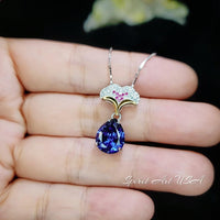 Pear Tanzanite Necklace - Ginkgo biloba 18KGP Sterling Silver - Large Teardrop 3.5 CT Tanzanite Pendant - Gemstone Leaf Jewelry #823