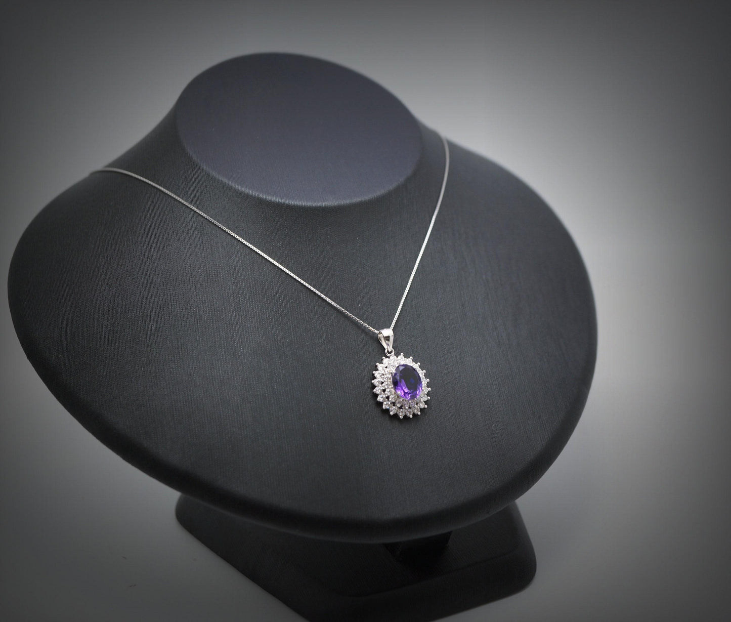 Large Genuine Amethyst Necklace - Sterling Silver Two Layer Cubic Zirconia - February Birthstone - Halo 3 CT Natural Amethyst Pendant 1116